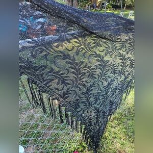 Elegant Black Lace Shawl with Fringe.
